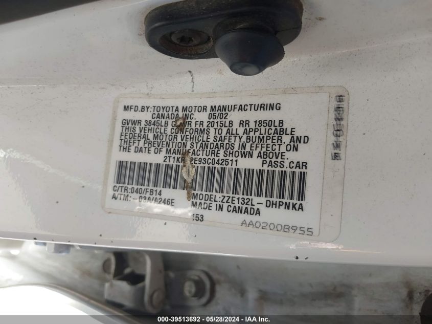 2003 Toyota Matrix Xr VIN: 2T1KR32E93C042511 Lot: 39513692