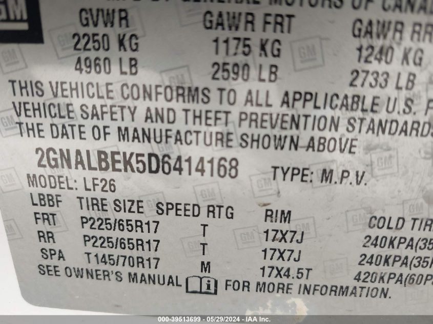 2013 Chevrolet Equinox Ls VIN: 2GNALBEK5D6414168 Lot: 39513699