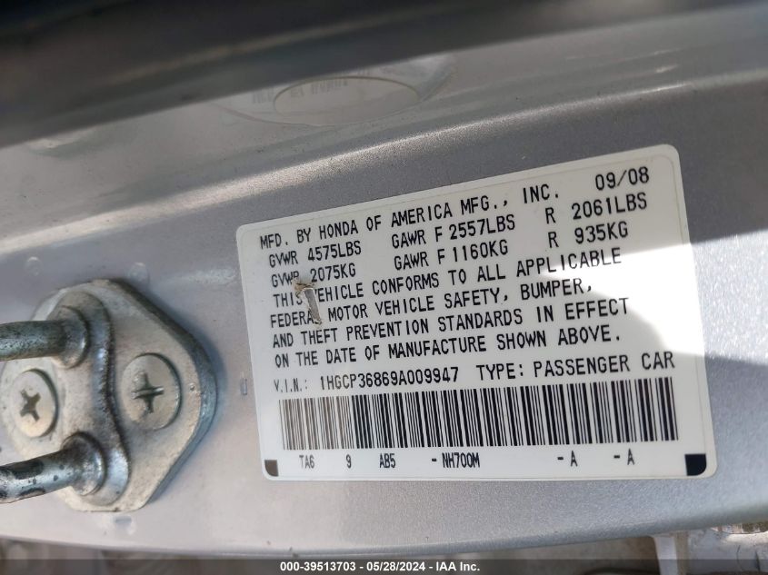 2009 Honda Accord 3.5 Ex-L VIN: 1HGCP36869A009947 Lot: 39513703
