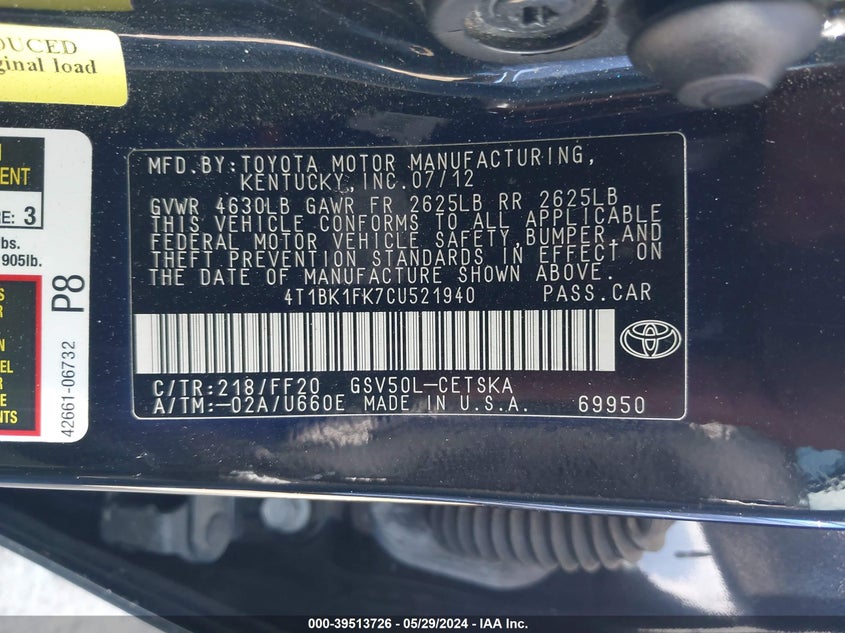 2012 Toyota Camry Se V6 VIN: 4T1BK1FK7CU521940 Lot: 39513726