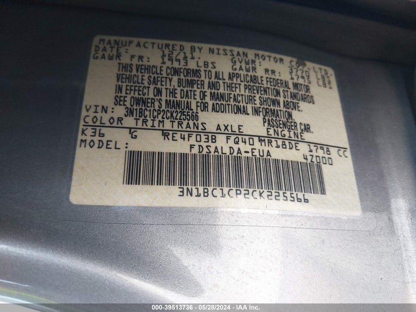 2012 Nissan Versa 1.8 S VIN: 3N1BC1CP2CK225566 Lot: 39513736