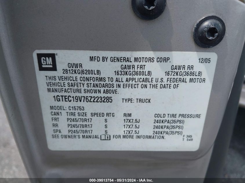 2006 GMC Sierra 1500 Work Truck VIN: 1GTEC19V76Z223285 Lot: 39513754