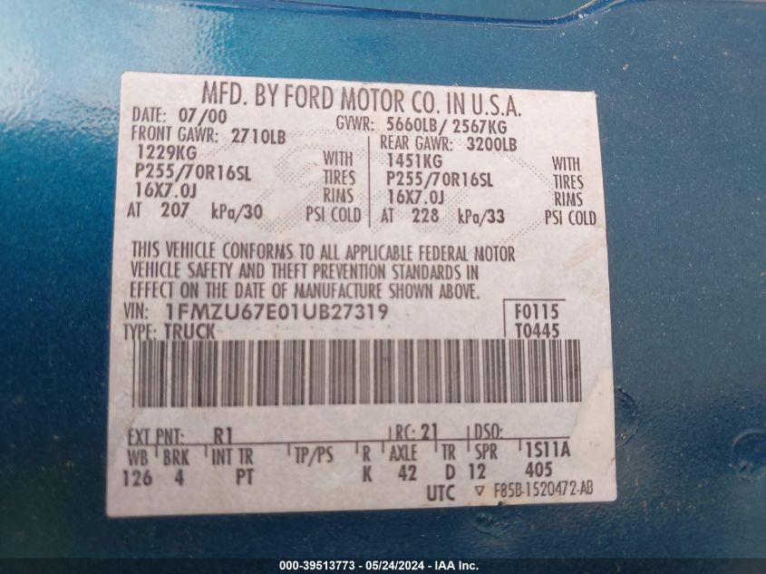 2001 Ford Explorer Sport Trac VIN: 1FMZU67E01UB27319 Lot: 39513773