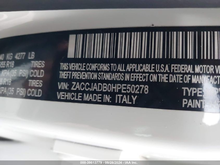 2017 Jeep Renegade Limited Fwd VIN: ZACCJADB0HPE50278 Lot: 39513779