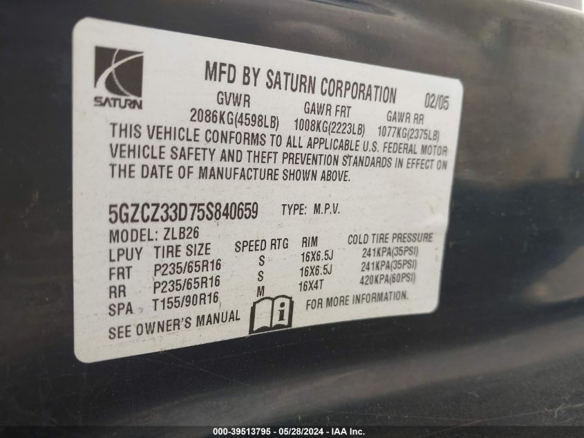2005 Saturn Vue 4 Cyl VIN: 5GZCZ33D75S840659 Lot: 39513795