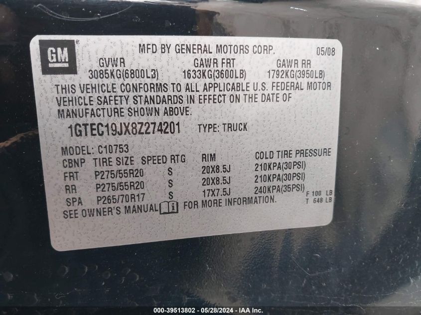 2008 GMC Sierra 1500 Sle1 VIN: 1GTEC19JX8Z274201 Lot: 39513802