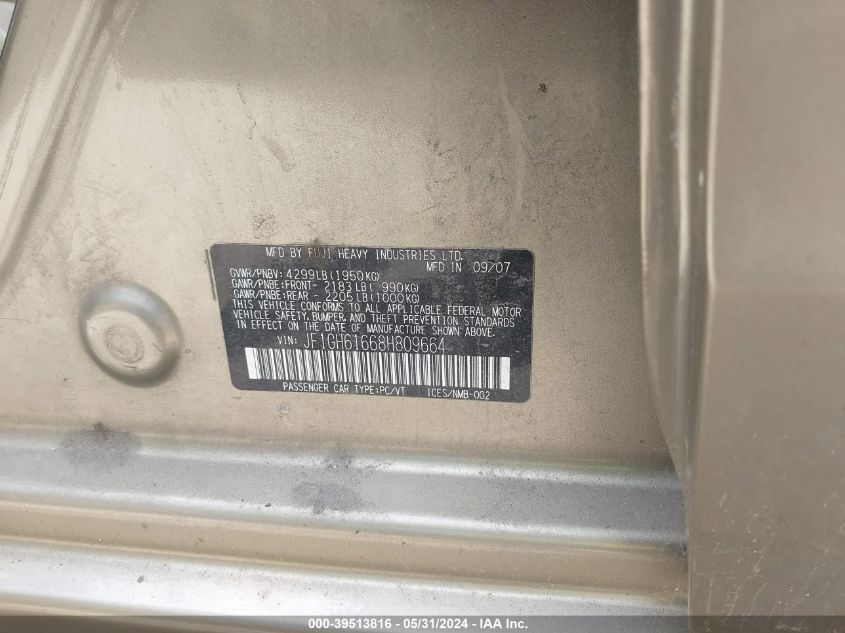 2008 Subaru Impreza 2.5I VIN: JF1GH61668H809664 Lot: 39513816