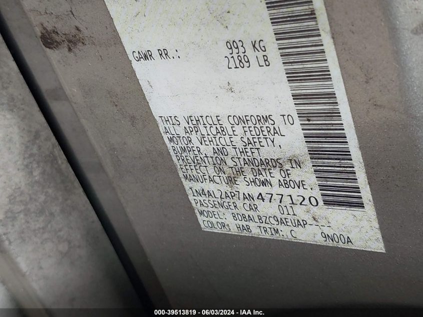 2010 Nissan Altima 2.5 S VIN: 1N4AL2AP7AN477120 Lot: 39513819