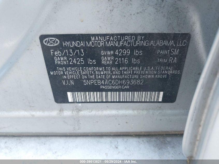 2013 Hyundai Sonata Gls VIN: 5NPEB4AC6DH693682 Lot: 39513821