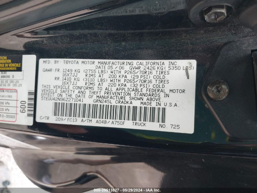 2006 Toyota Tacoma Base V6 VIN: 5TEUU42N96Z271041 Lot: 39513827