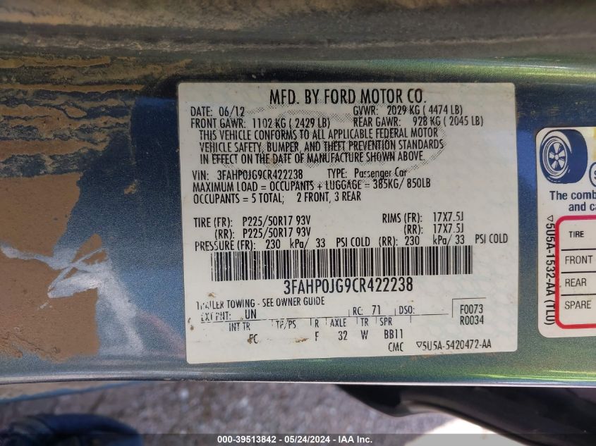 2012 Ford Fusion Sel VIN: 3FAHP0JG9CR422238 Lot: 39513842