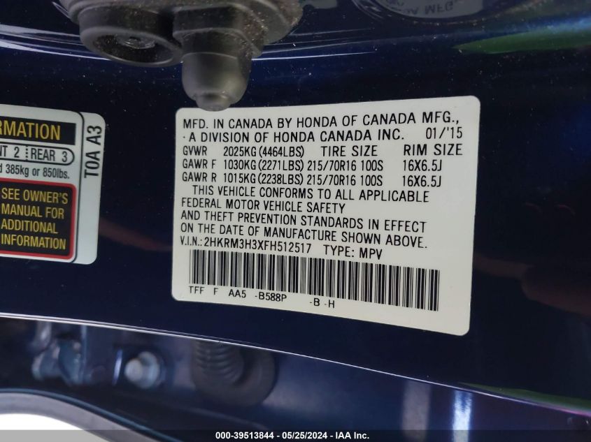 2015 Honda Cr-V Lx VIN: 2HKRM3H3XFH512517 Lot: 39513844