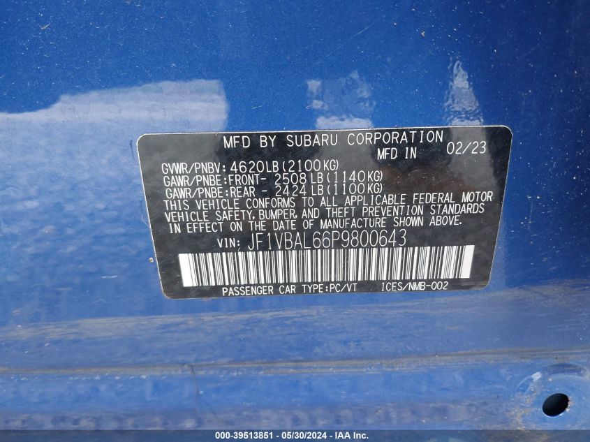2023 Subaru Wrx Limited VIN: JF1VBAL66P9800643 Lot: 39513851