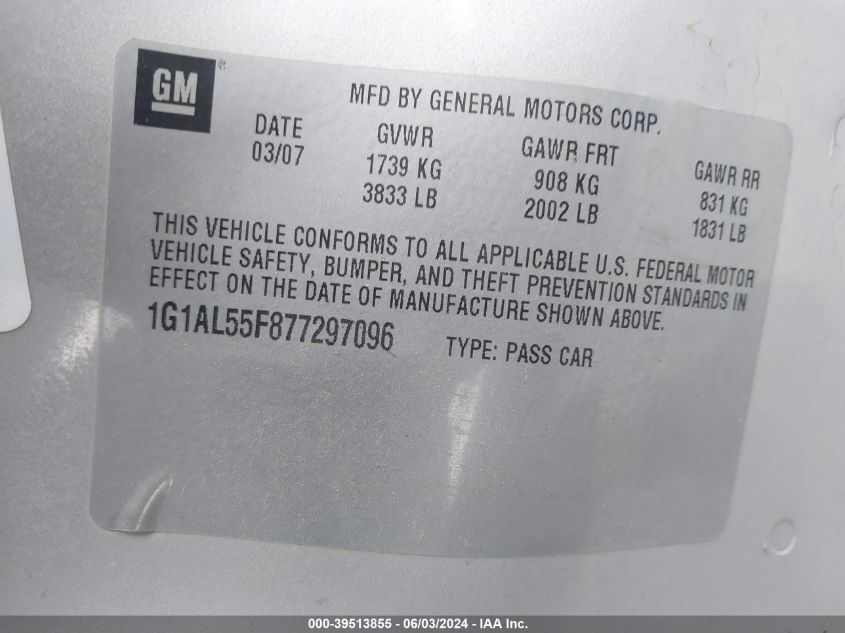 2007 Chevrolet Cobalt Lt VIN: 1G1AL55F877297096 Lot: 39513855