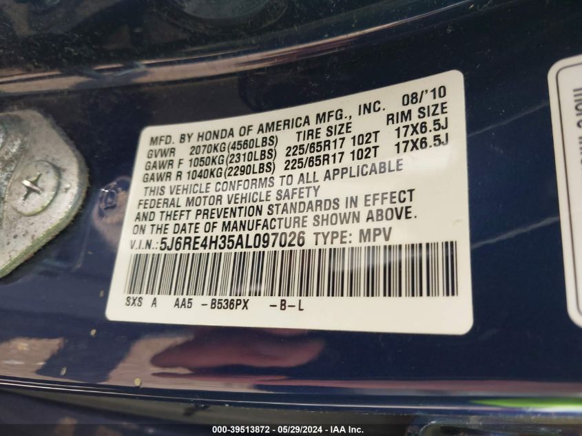 2010 Honda Cr-V Lx VIN: 5J6RE4H35AL097026 Lot: 39513872