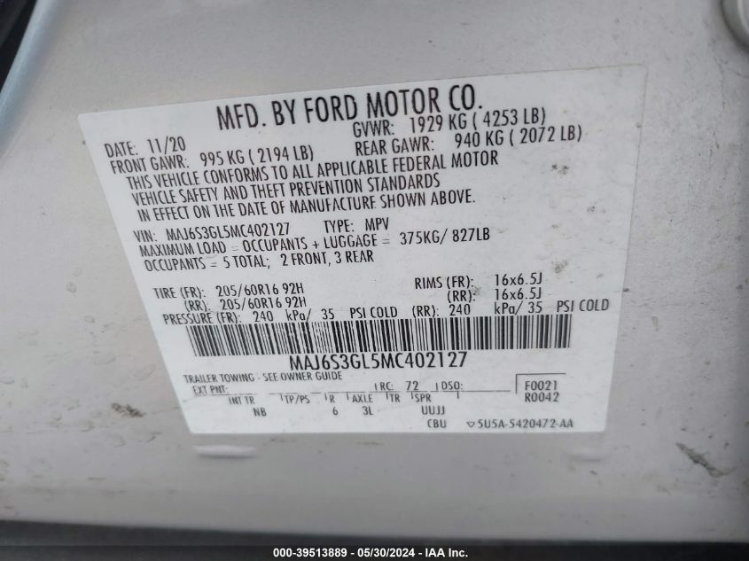 2021 Ford Ecosport Se VIN: MAJ6S3GL5MC402127 Lot: 39513889