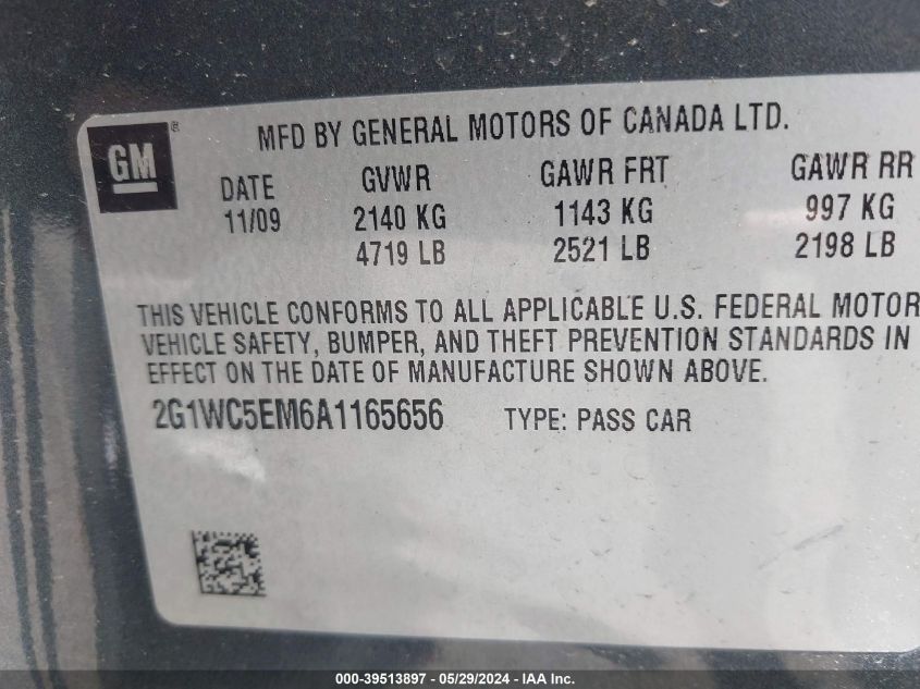 2010 Chevrolet Impala Ltz VIN: 2G1WC5EM6A1165656 Lot: 39513897