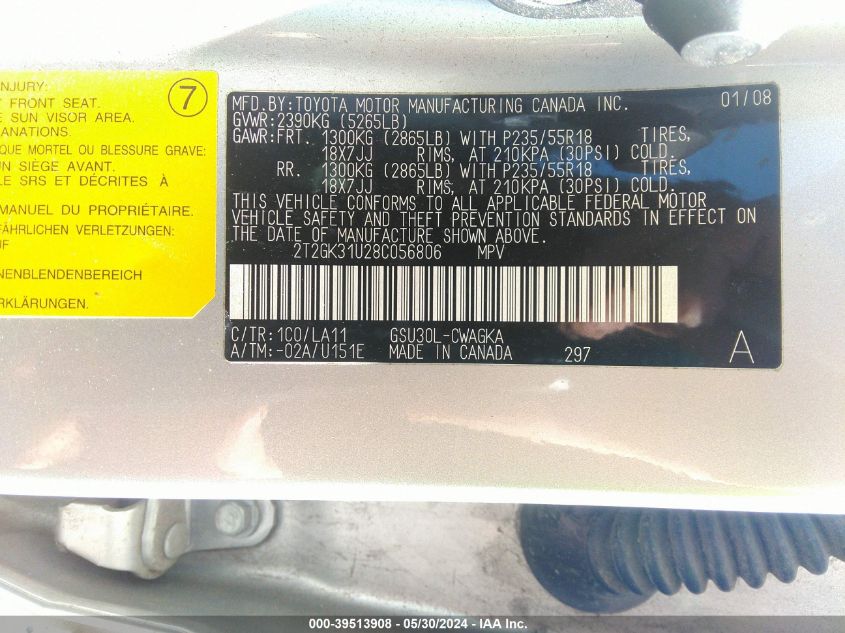 2008 Lexus Rx 350 VIN: 2T2GK31U28C056806 Lot: 39513908