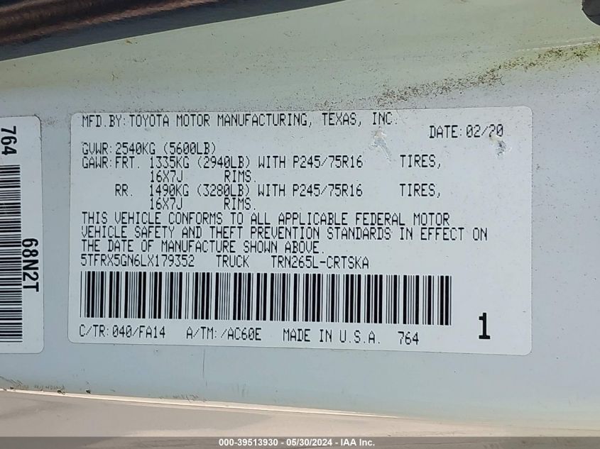 2020 Toyota Tacoma Sr VIN: 5TFRX5GN6LX179352 Lot: 39513930