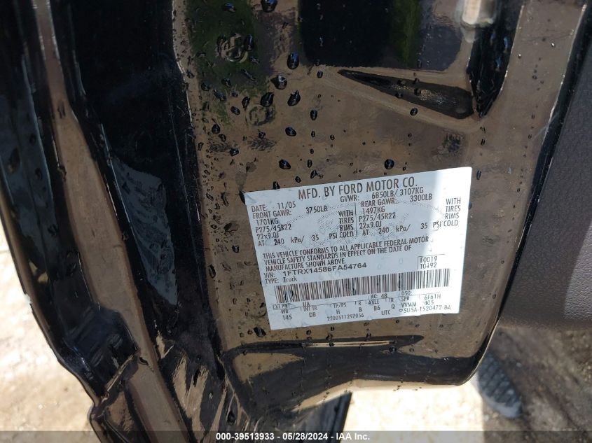 2006 Ford F-150 Fx4/Lariat/Xl/Xlt VIN: 1FTRX14586FA54764 Lot: 39513933