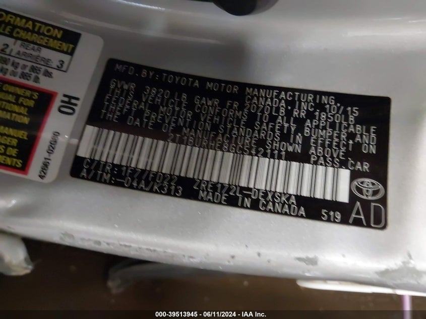 2016 Toyota Corolla S Plus VIN: 2T1BURHE8GC542111 Lot: 39513945