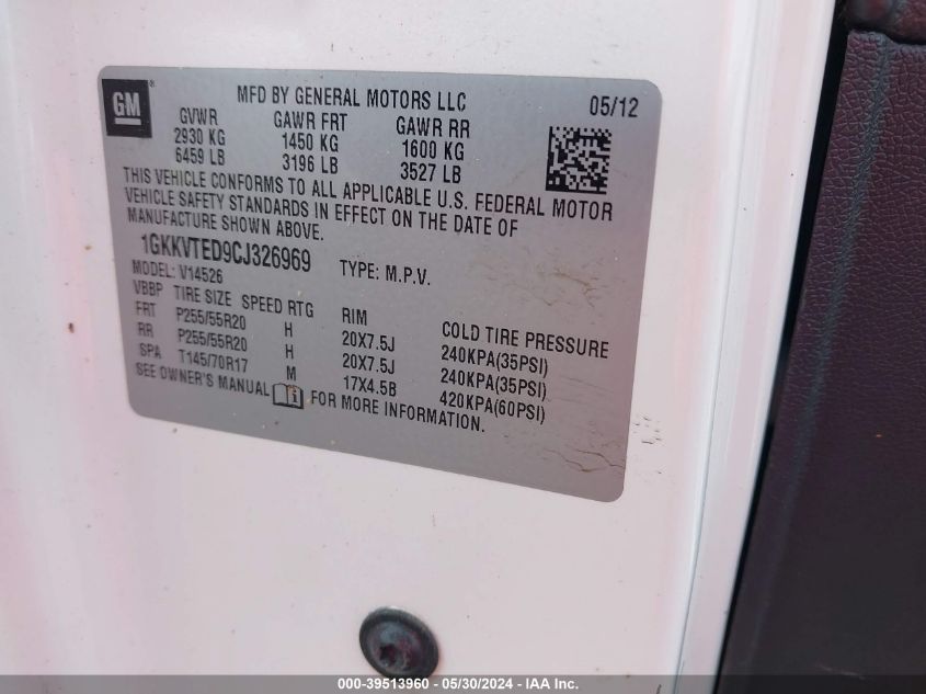 2012 GMC Acadia Denali VIN: 1GKKVTED9CJ326969 Lot: 39513960