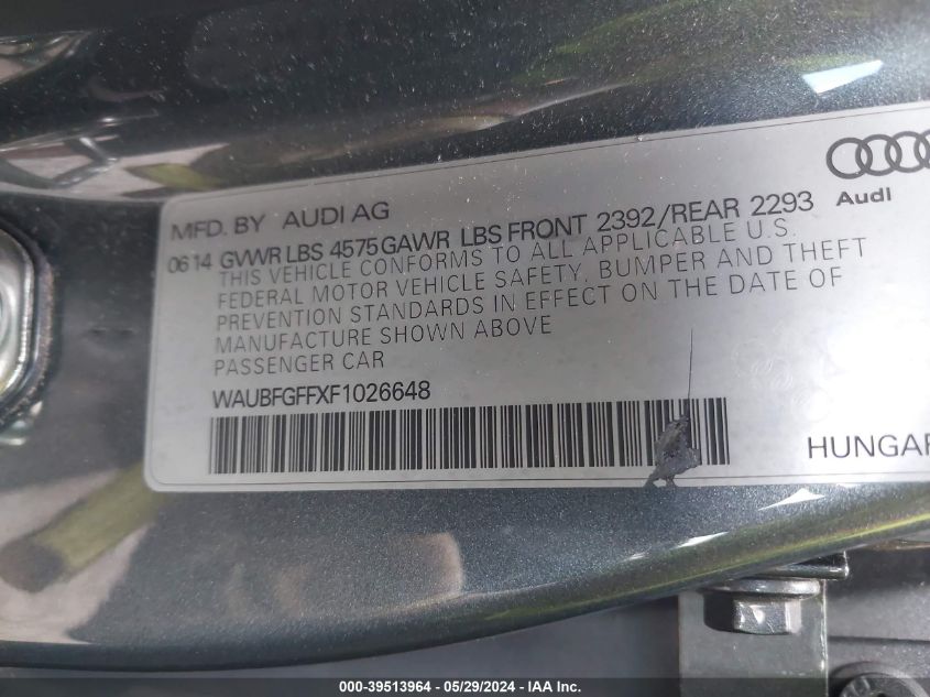 2015 Audi A3 2.0T Premium VIN: WAUBFGFFXF1026648 Lot: 39513964