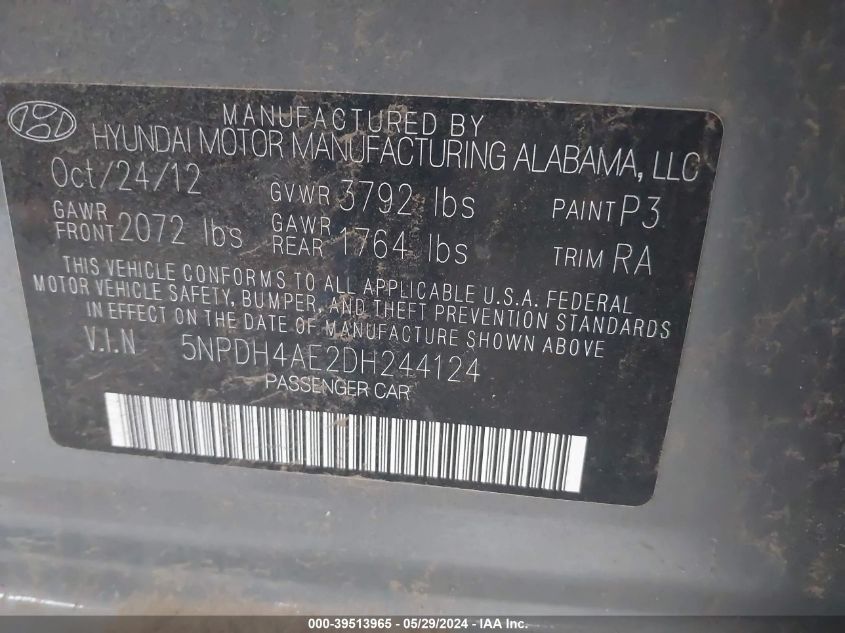 2013 Hyundai Elantra Gls VIN: 5NPDH4AE2DH244124 Lot: 39513965