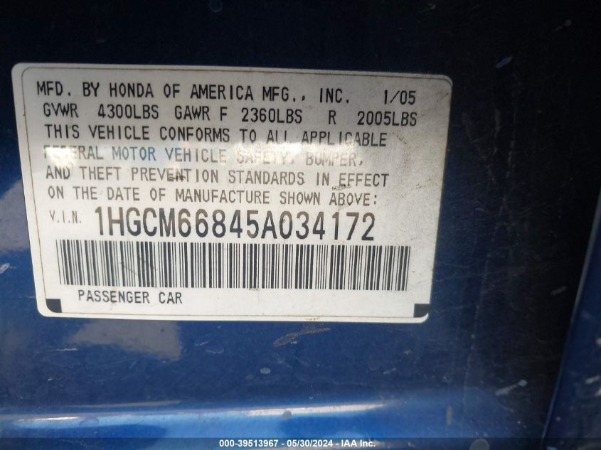 2005 Honda Accord 3.0 Ex VIN: 1HGCM66845A034172 Lot: 39513967
