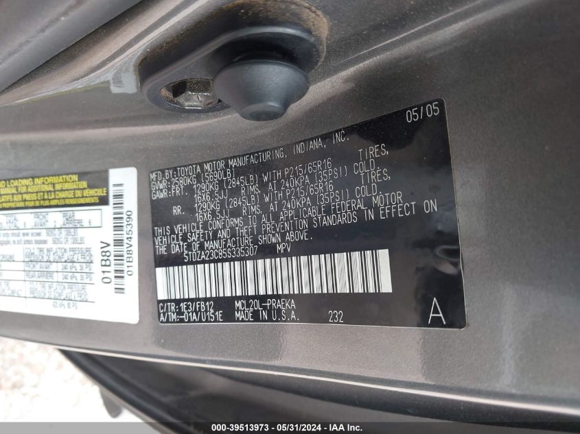 2005 Toyota Sienna Le VIN: 5TDZA23C85S335307 Lot: 39513973