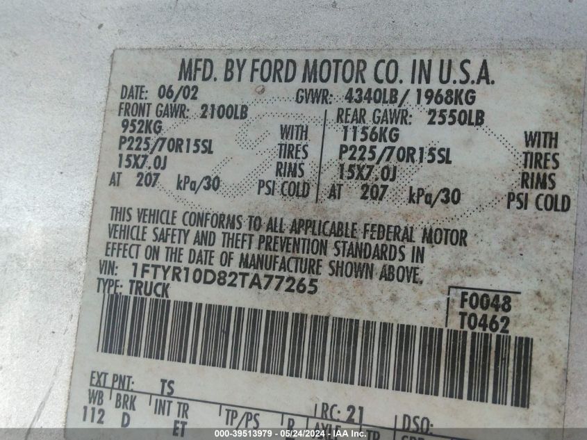 2002 Ford Ranger Xl/Xlt VIN: 1FTYR10D82TA77265 Lot: 39513979