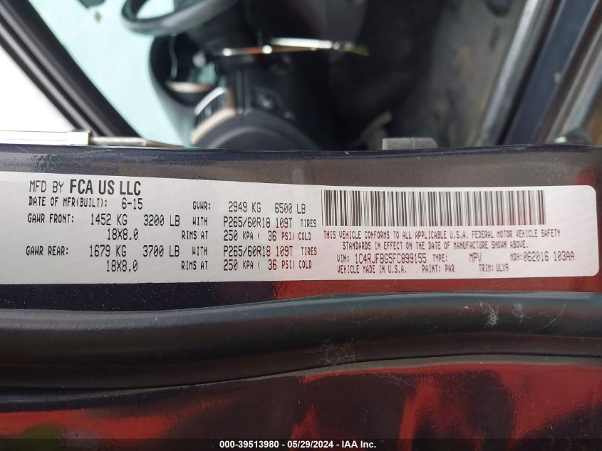2015 Jeep Grand Cherokee Limited VIN: 1C4RJFBG5FC899155 Lot: 39513980