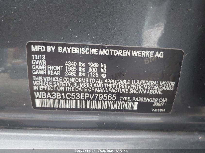 2014 BMW 320I VIN: WBA3B1C53EPV79565 Lot: 39514007