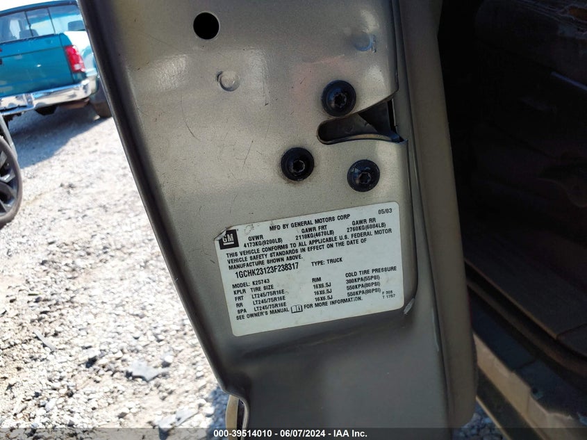 2003 Chevrolet Silverado 2500Hd Ls VIN: 1GCHK23123F238317 Lot: 39514010