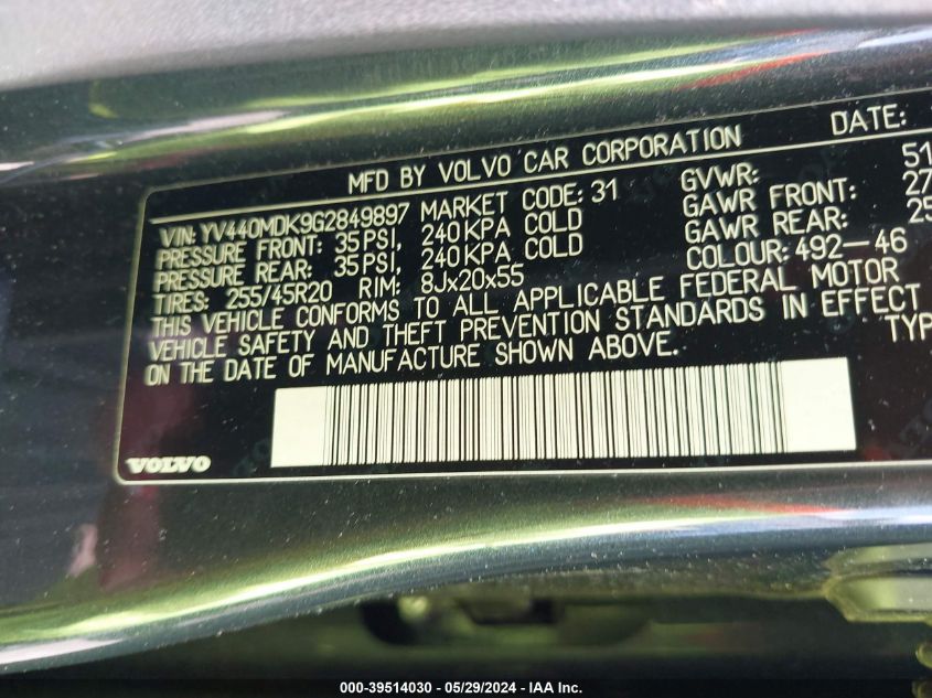 2016 Volvo Xc60 T5 Drive-E Premier VIN: YV440MDK9G2849897 Lot: 39514030