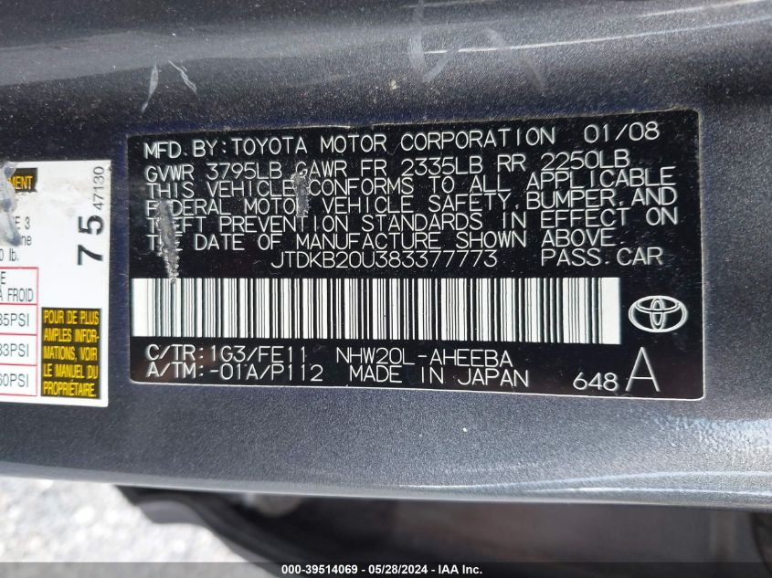 2008 Toyota Prius VIN: JTDKB20U383377773 Lot: 39514069