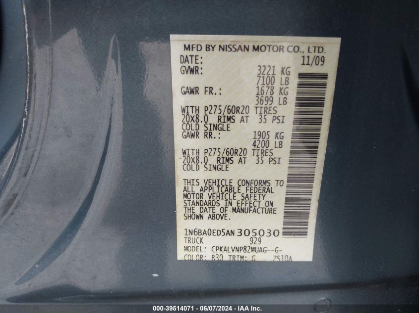 2010 Nissan Titan Le VIN: 1N6BA0ED5AN305030 Lot: 39514071