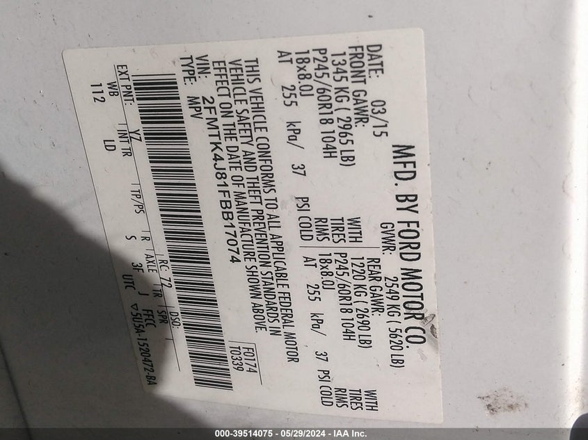 2015 Ford Edge Sel VIN: 2FMTK4J81FBB17074 Lot: 39514075