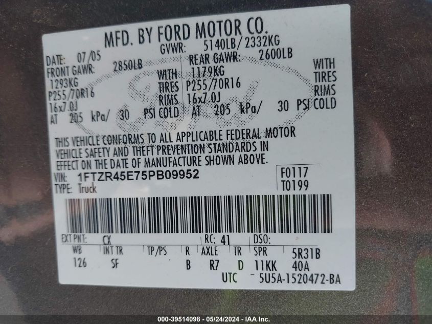 2005 Ford Ranger Edge/Fx4 Level Ii/Fx4 Off-Road/Xlt VIN: 1FTZR45E75PB09952 Lot: 39514098