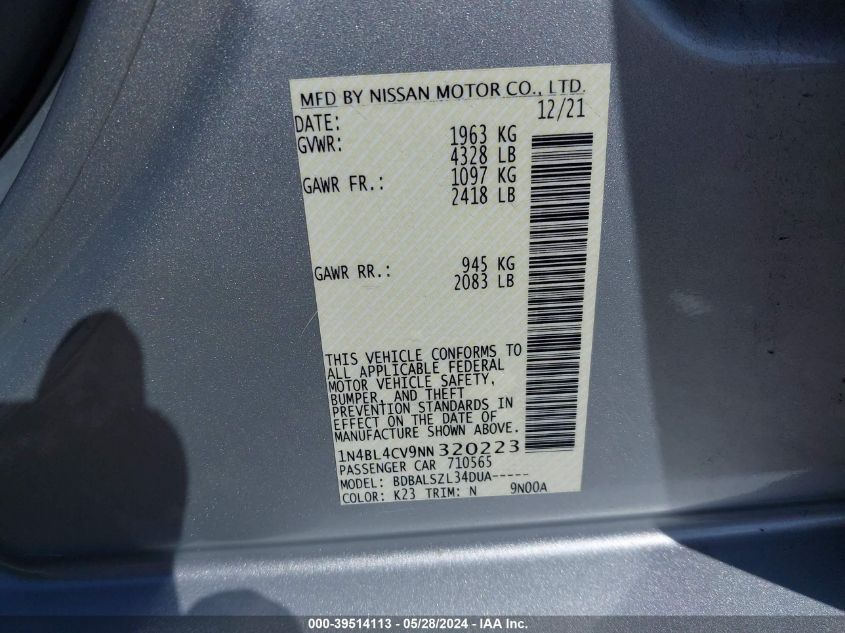 2022 Nissan Altima Sr Fwd VIN: 1N4BL4CV9NN320223 Lot: 39514113