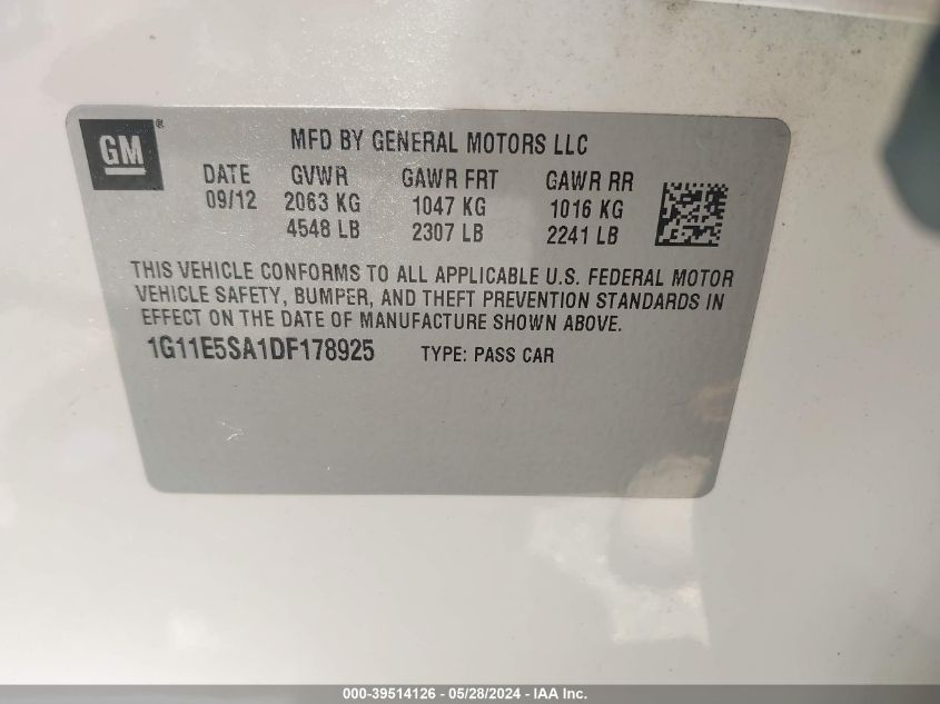 2013 Chevrolet Malibu 2Lt VIN: 1G11E5SA1DF178925 Lot: 39514126