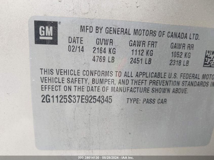 2014 Chevrolet Impala 2Lt VIN: 2G1125S37E9254345 Lot: 39514130