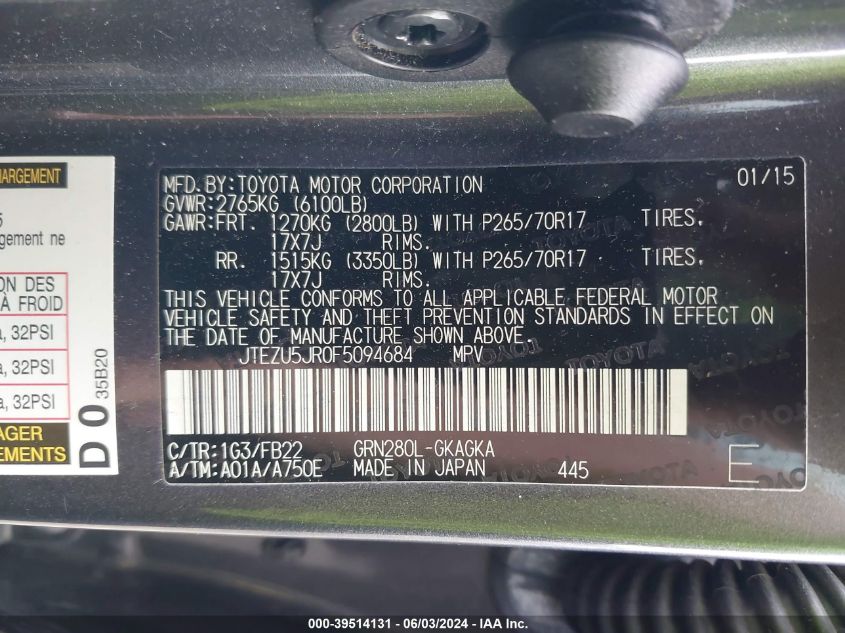 2015 Toyota 4Runner Sr5 VIN: JTEZU5JR0F5094684 Lot: 39514131