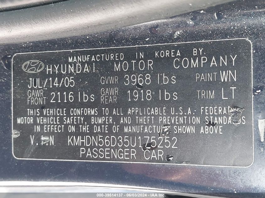 2005 Hyundai Elantra Gls/Gt VIN: KMHDN56D35U175252 Lot: 39514137