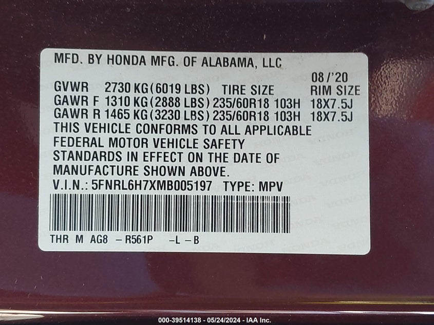 2021 Honda Odyssey Ex-L VIN: 5FNRL6H7XMB005197 Lot: 39514138