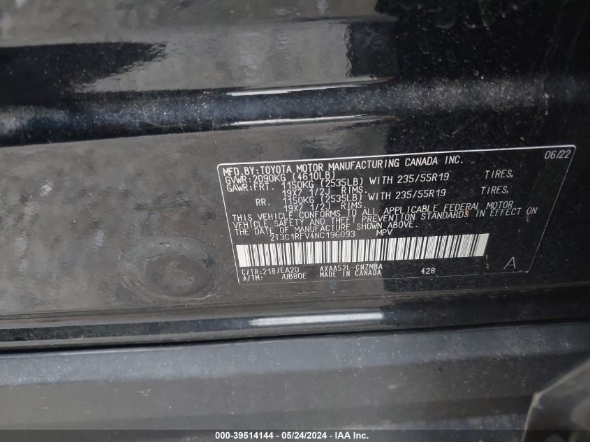 2022 Toyota Rav4 Xle Premium VIN: 2T3C1RFV4NC196093 Lot: 39514144