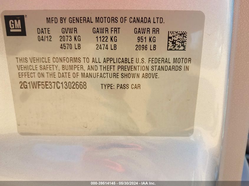 2012 Chevrolet Impala Ls VIN: 2G1WF5E37C1302668 Lot: 39514145