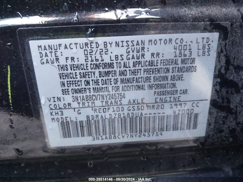 2022 Nissan Sentra Sv Xtronic Cvt VIN: 3N1AB8CV7NY245754 Lot: 39514146