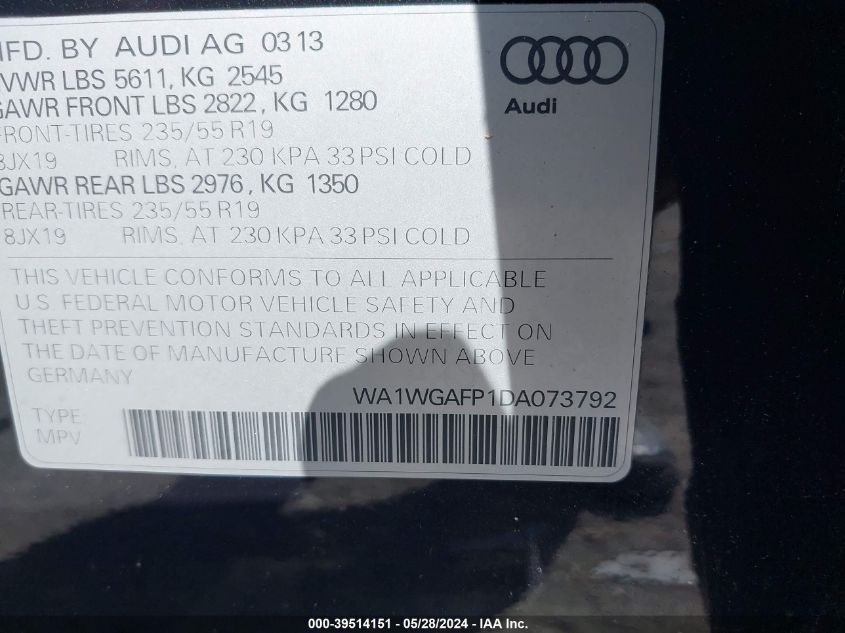 2013 Audi Q5 3.0T Premium Plus VIN: WA1WGAFP1DA073792 Lot: 39514151