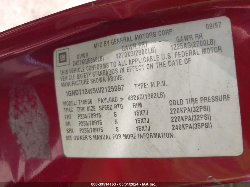1998 Chevrolet Blazer Lt VIN: 1GNDT13W5W2125997 Lot: 39514163